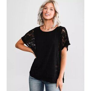 DayTrip Boxy Lace Top Size Small Short Sleeve Black Polyester Blend Whimsigoth